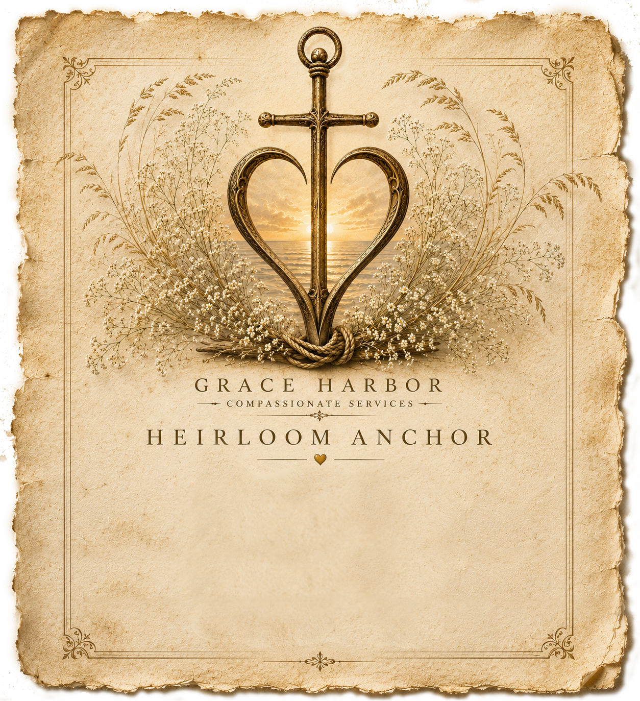 The Grace Harbor Heirloom Anchor, a heart-shaped anchor opening onto a calm sunrise.