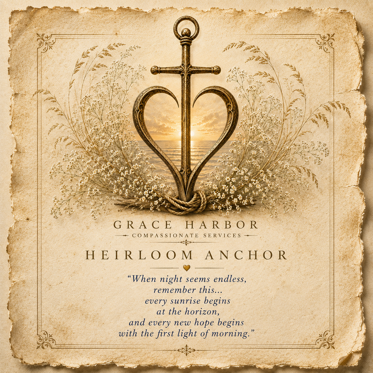 Grace Harbor Heirloom Anchor featuring a sunrise over calm water and the reflection: When night seems endless, remember this: every sunrise begins at the horizon, and every new hope begins with the first light of morning.