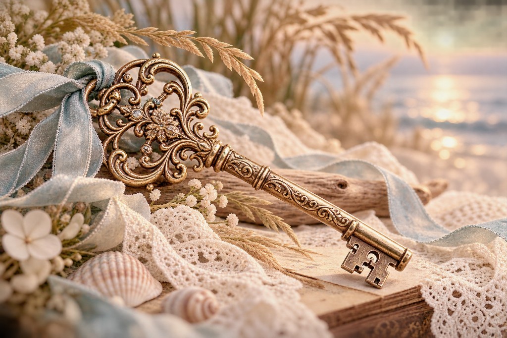 An antique gold filigree key on ivory lace, with a pale blue ribbon, coastal flowers, and warm shoreline light.