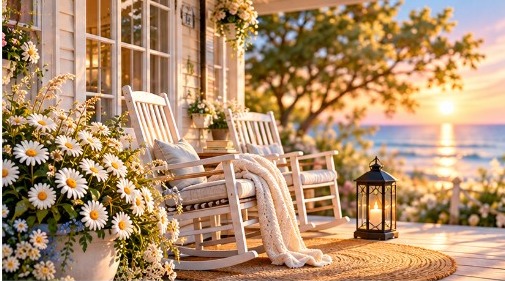 Rocking chairs, daisies, and a lantern on a porch at sunset.