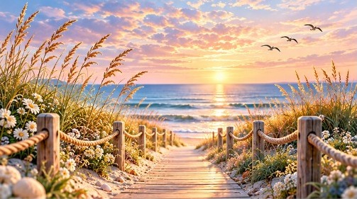 A flower-lined boardwalk opening toward a quiet sunrise over the water.