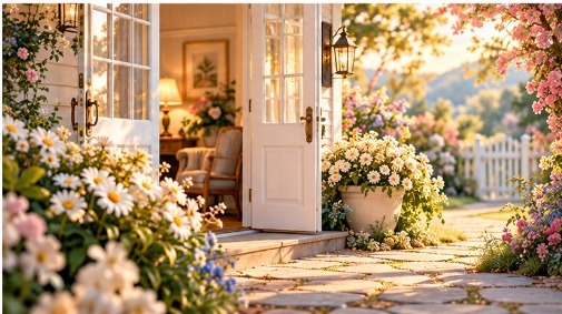 An open doorway into a warmly lit room, framed by garden flowers.