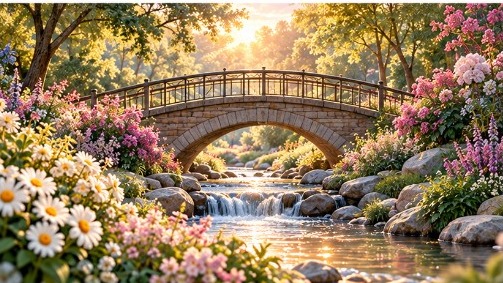 A small stone bridge over a flower-lined stream in warm morning light.