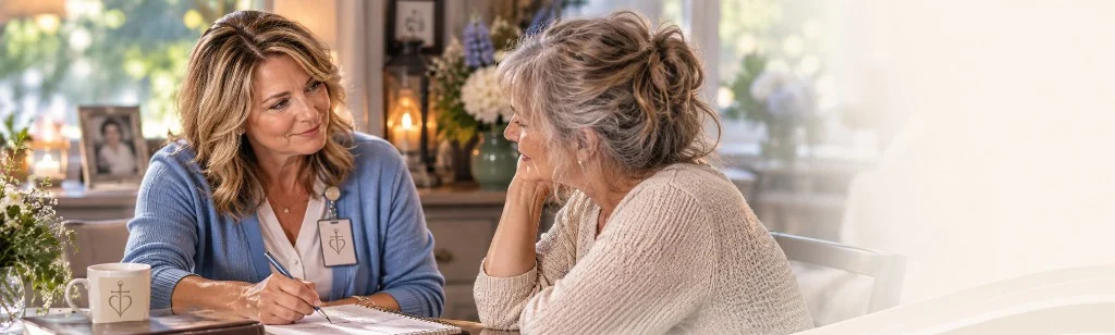 Bereavement coordinator sitting with a woman during a quiet conversation.