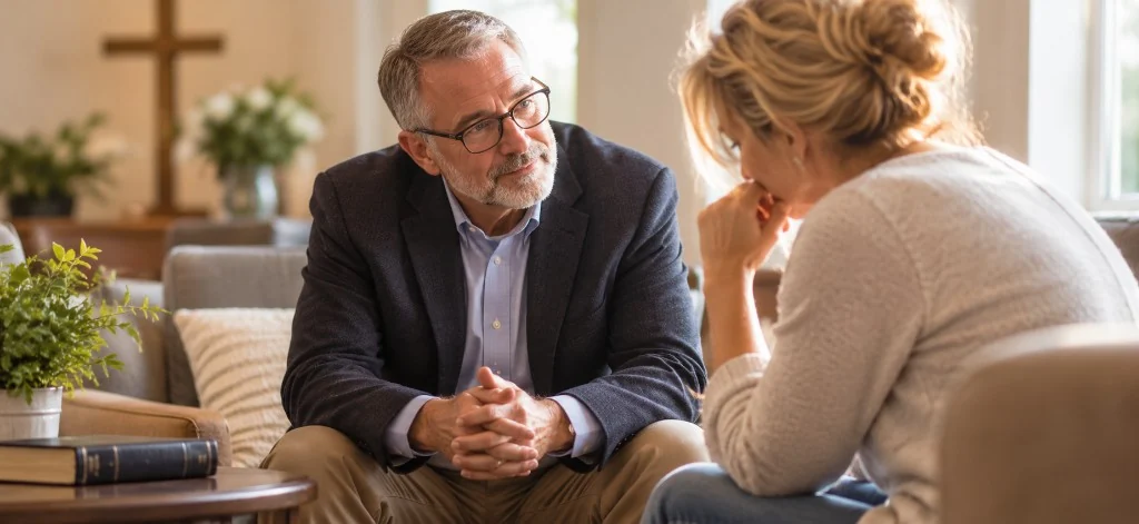 Pastor offering calm presence during a quiet conversation.