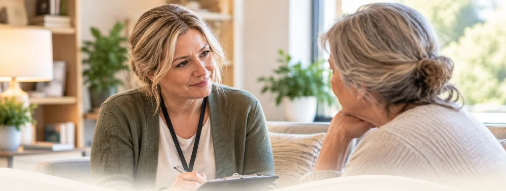 Social worker offering calm practical support during a quiet conversation.