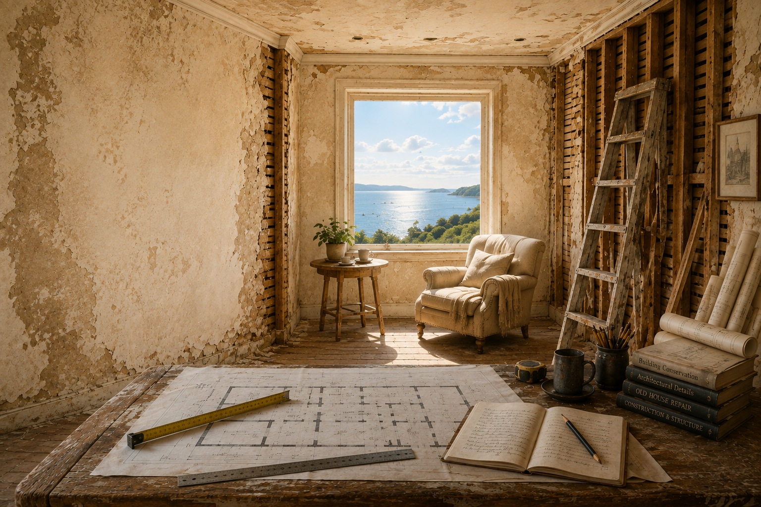 Chateau restoration room with plans on a workbench beside a coastal window.