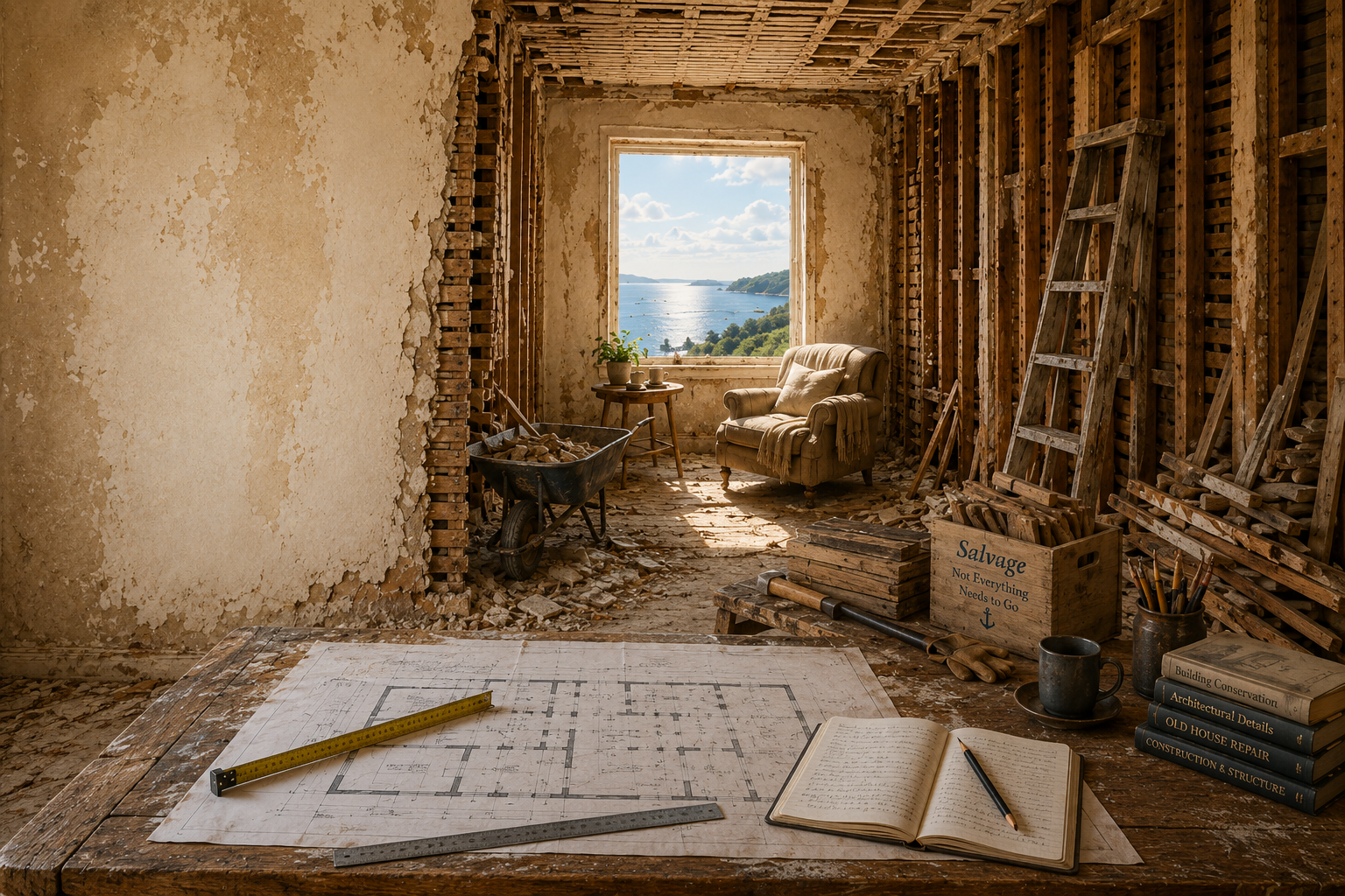 Restoration room with exposed structure and debris beside a coastal window.