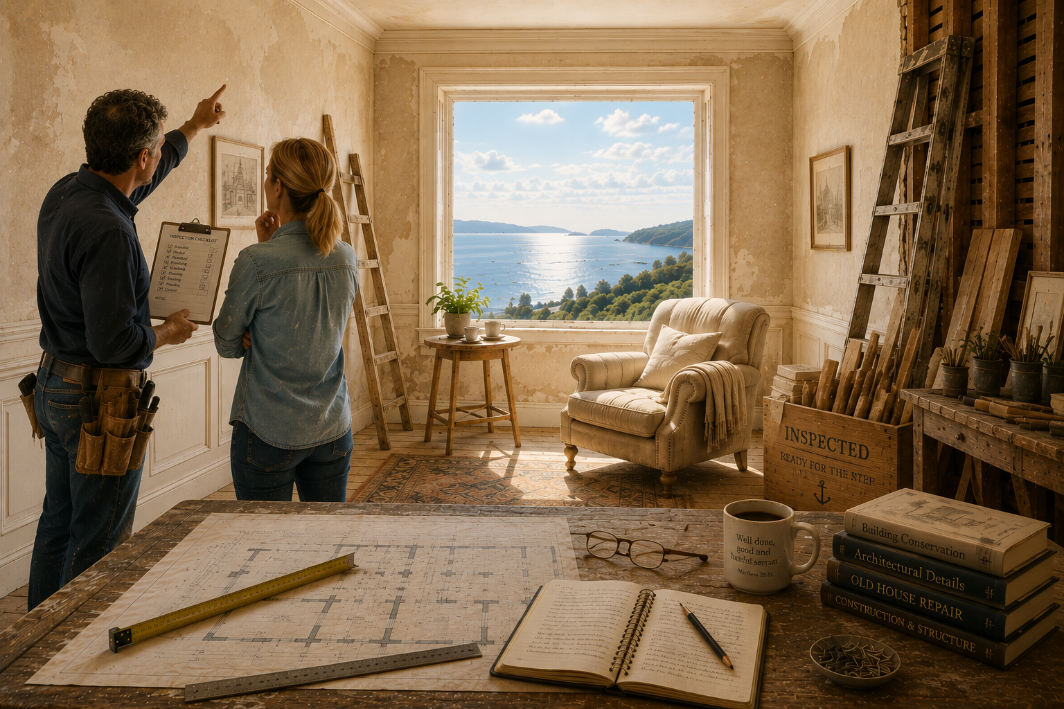Restoration room with measuring tools and careful inspection beside a coastal window.
