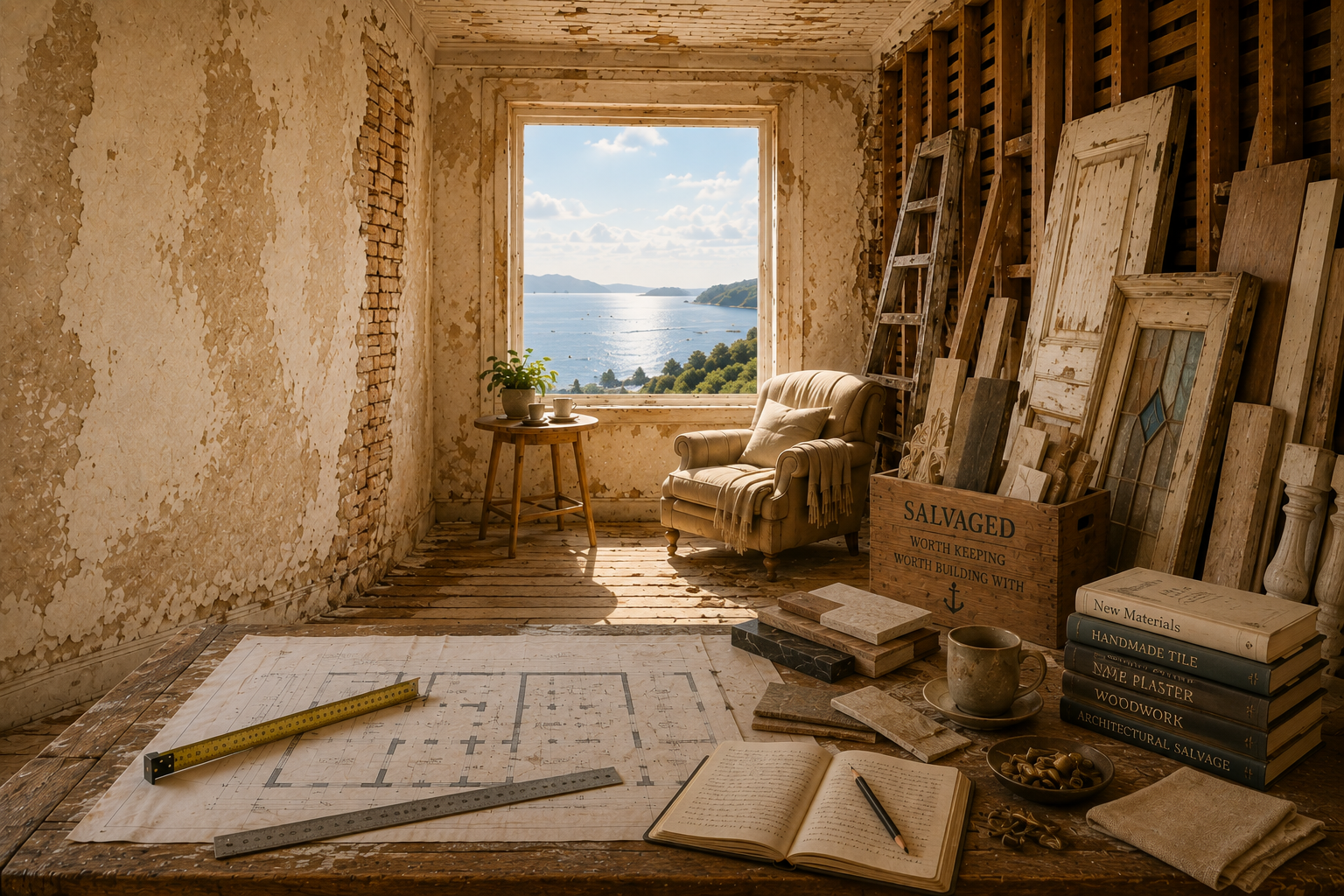 Restoration workbench with material samples and plans beside a coastal window.