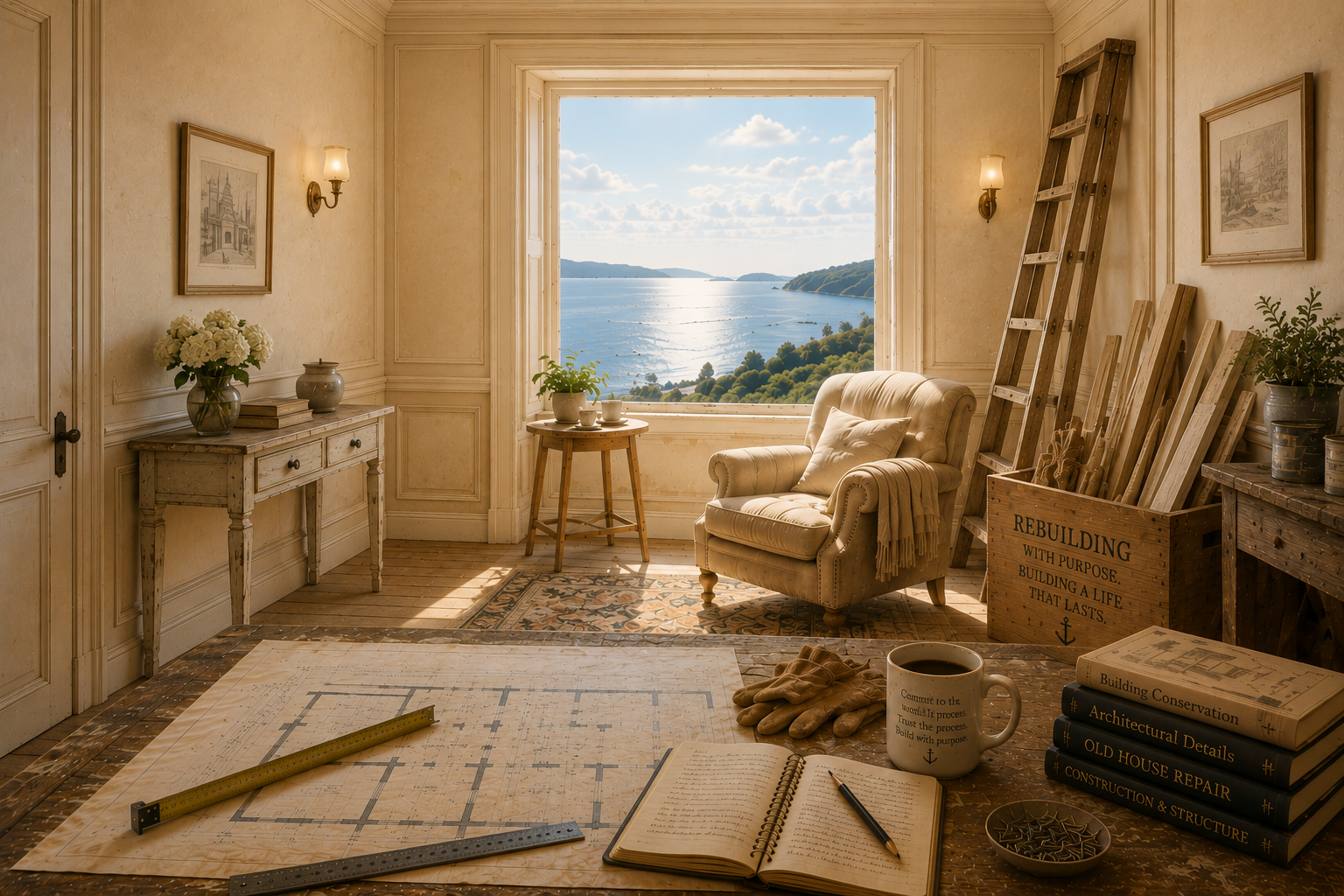 Restored room becoming habitable again beside a coastal window.