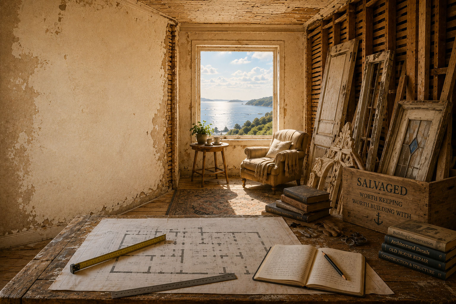 Restoration room with salvaged moldings and keepsakes beside a coastal window.