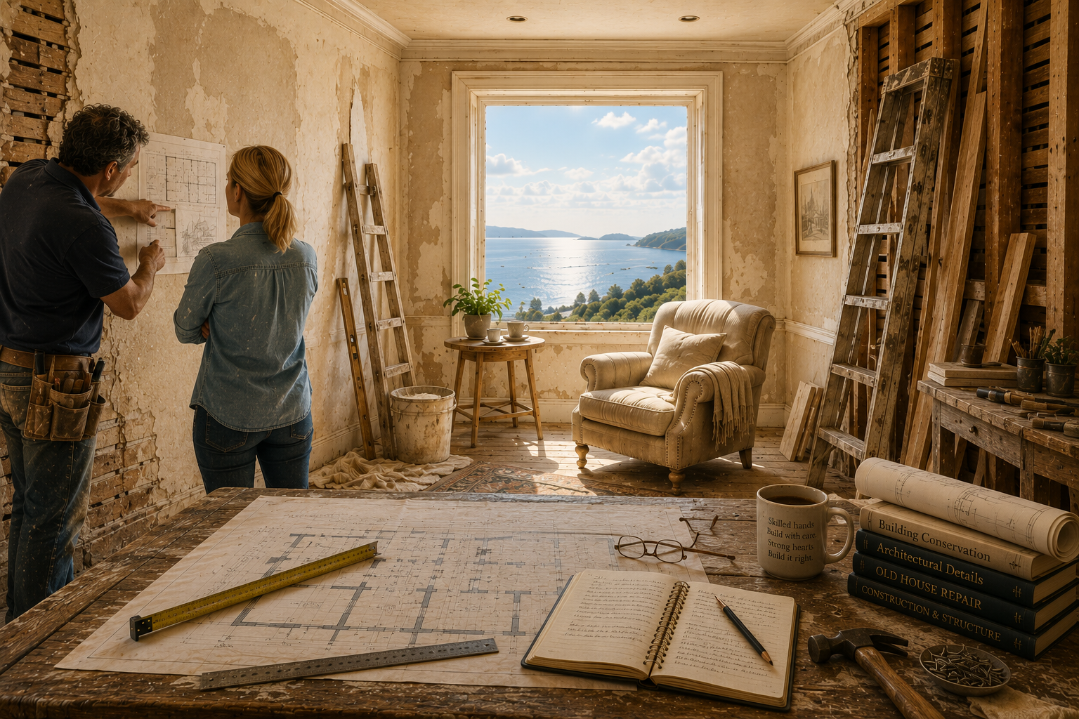 Precision restoration room with plans and craft tools beside a coastal window.