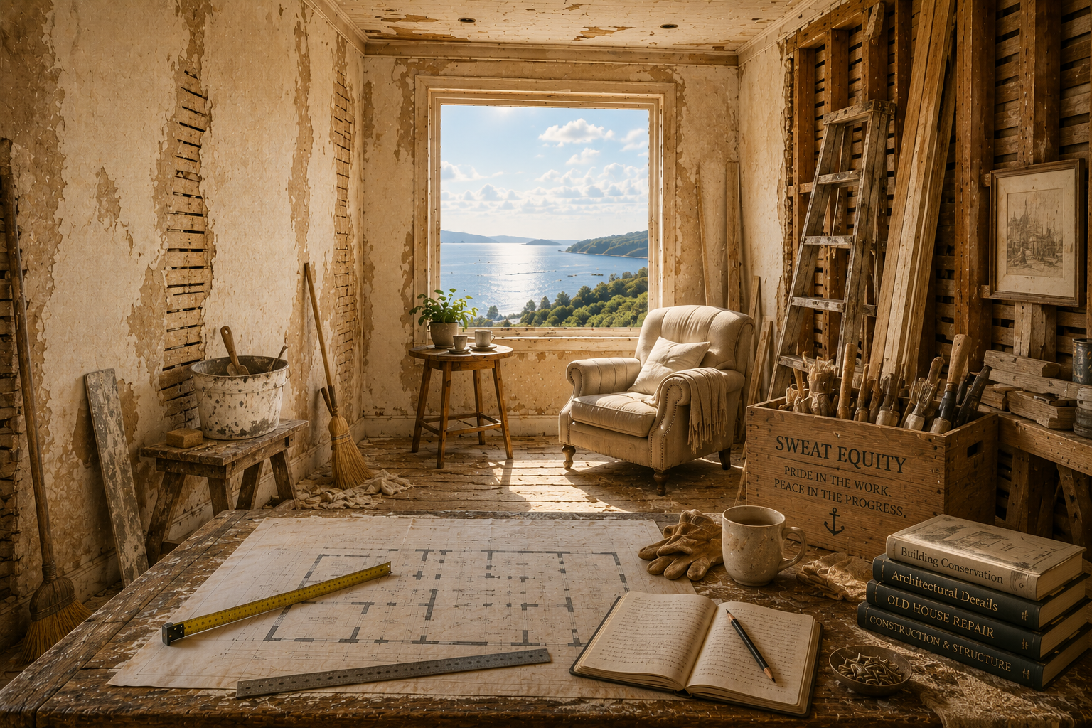 Hands-on restoration room with tools and unfinished work beside a coastal window.
