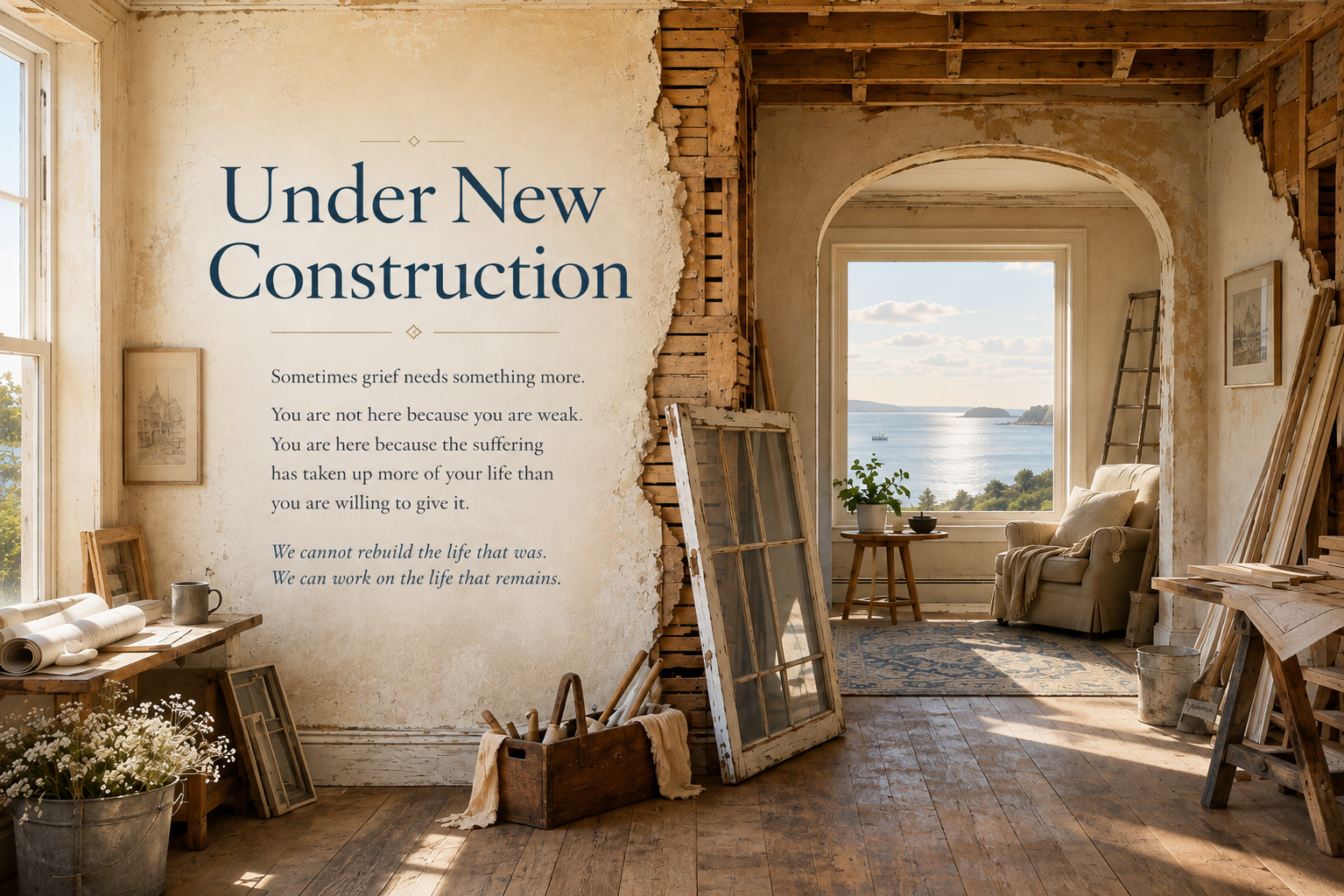 Interior room under careful restoration: weathered framing and plaster open toward a finished harbor view.
