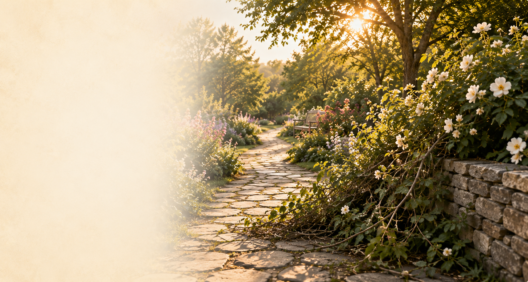 A quiet garden path bordered by soft flowers in gentle light.