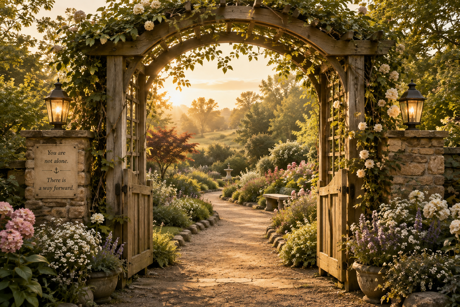 An open garden arbor with one path leading into a peaceful garden.